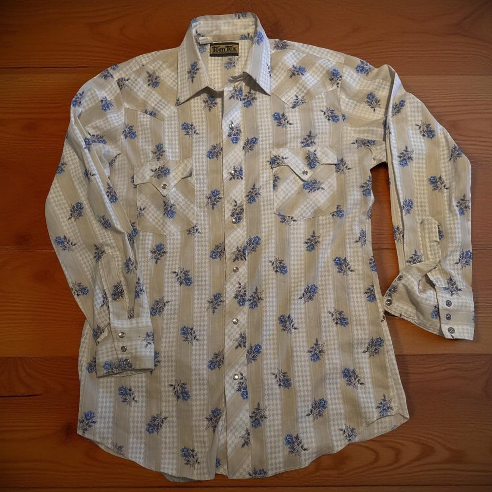 Tem Tex | Vintage Men's Blue Floral Western Button Down Shirt